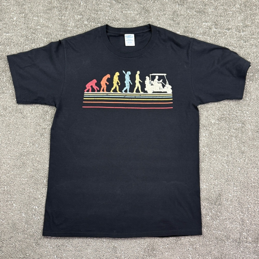 Port & Company T-Shirt Mens Medium Black Evolution of Golf Cart Graphic Tee